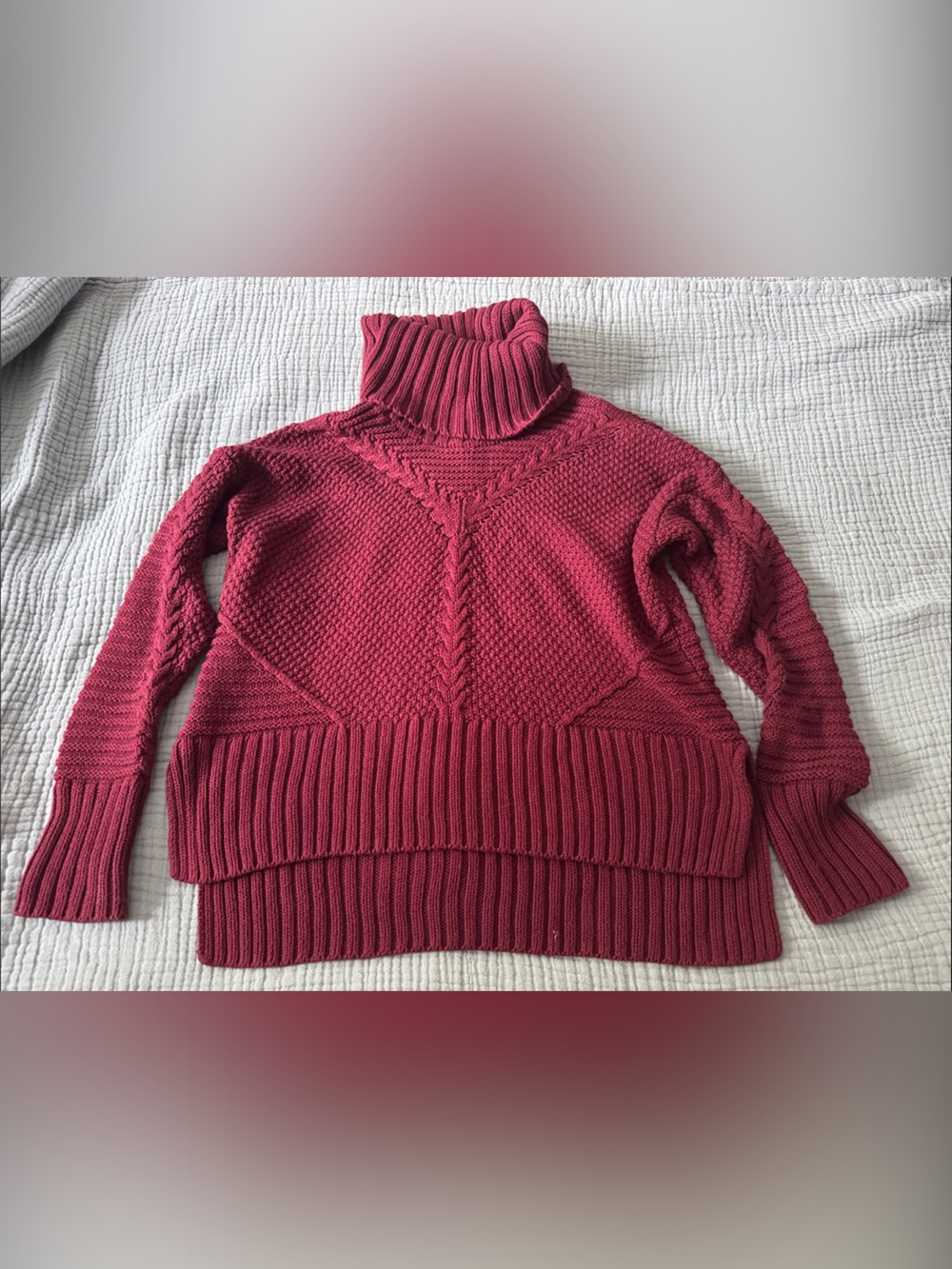 Chunky Cable Ribbed Turtleneck Sweater in Raspberry